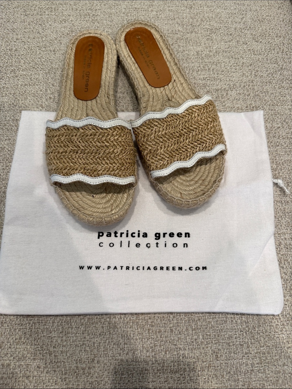 Patricia Green Natural Tan Woven Slide Sandals with White Trim